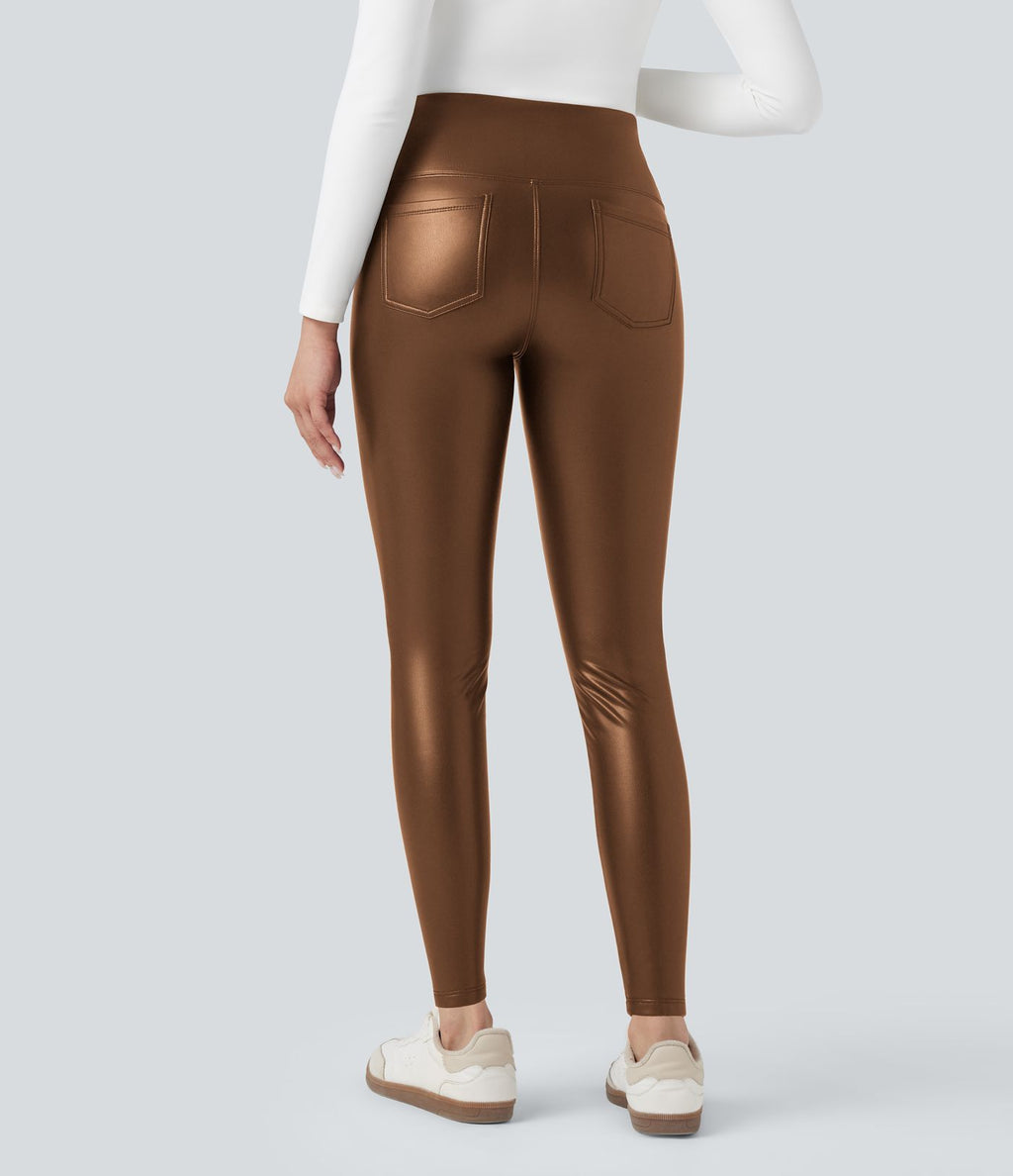 Pantalon 7/8 moulant décontracté polaire gainant taille haute extensible effet cuir avec poches