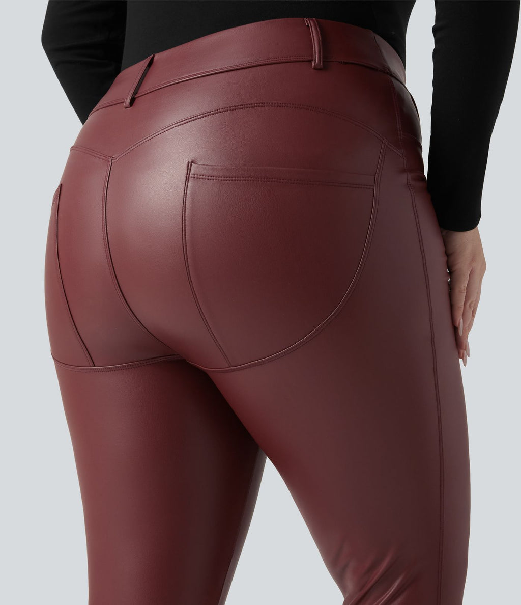 Legging grande taille en simili stretch doublé polaire, taille haute avec poches