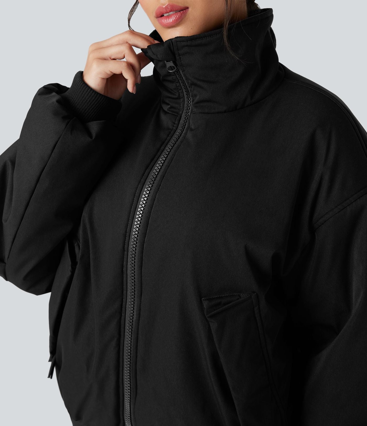 Doudoune casual zippée à col montant et manches longues avec poches