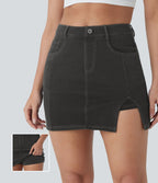 Halara Flex™ Mini-Jupe en Jean décontractée 2-en-1 moulante à taille haute avec poches multiples, fente, effet délavé et tissu extensible