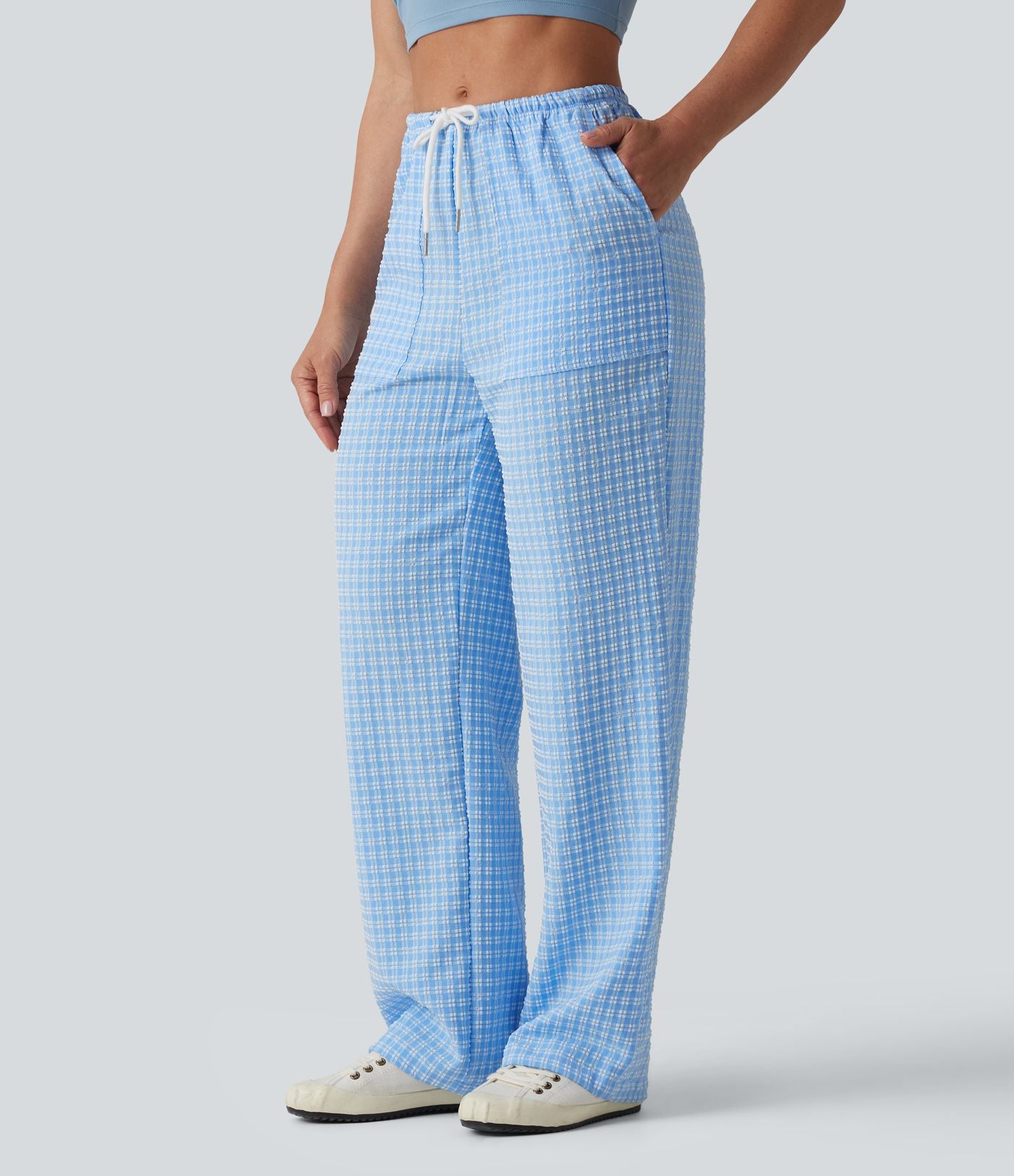 Pantalon casual coupe droite taille mi-haute vichy à cordon de serrage avec poches