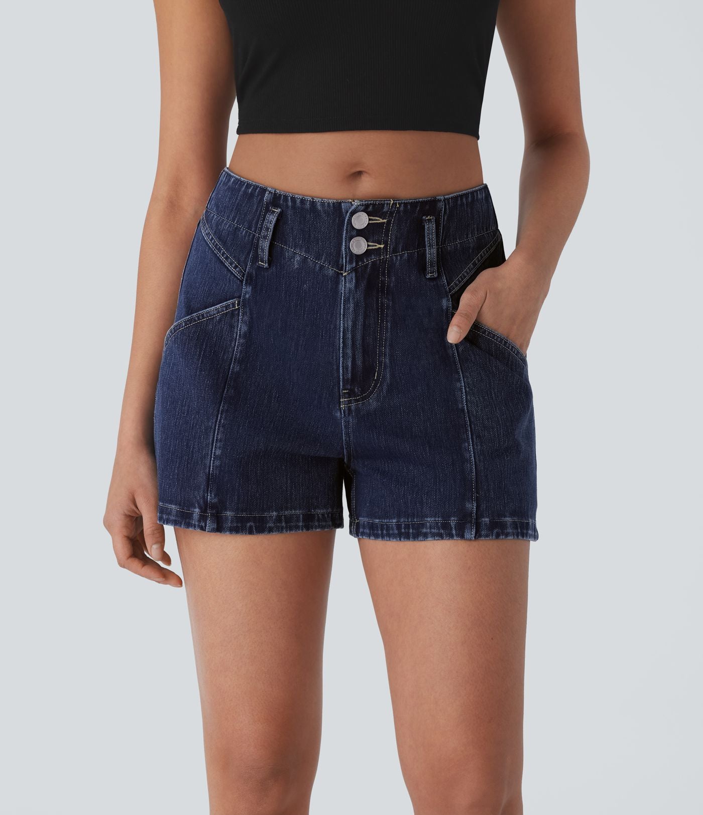 Short en denim extensible Halara Flex™ à taille moyenne avec bouton, fermeture éclair et poches latérales 7,5 cm