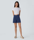 Halara Flex™ Short décontracté évasé à jambe large en denim extensible délavé taille haute croisée avec poches multiples