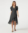 Robe casual midi col V à manches courtes à pois avec ourlet à volants