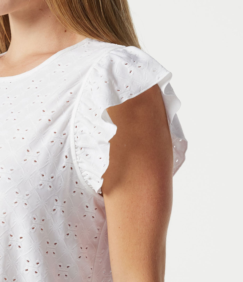 Top casual col rond à manches à volants en broderie anglaise