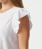 Top casual col rond à manches à volants en broderie anglaise