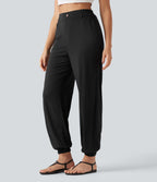 Pantalon jogging en lin stretch taille haute avec poches