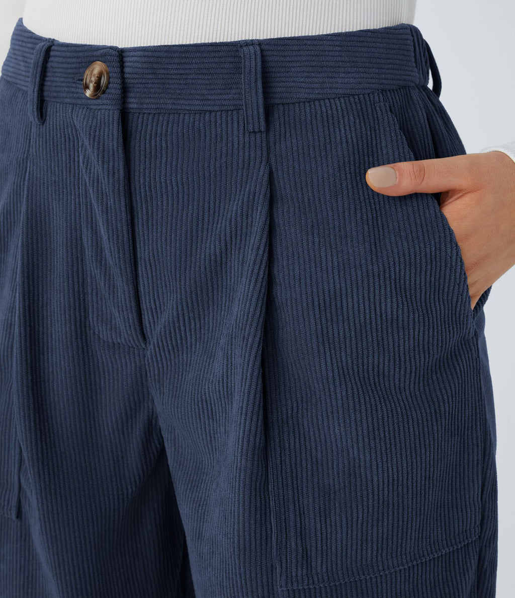 Pantalon décontracté en velours côtelé avec taille mi-haute, boutons et fermeture éclair