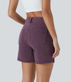 Halara Flex™ Short Casual 12,5cm en Denim Tricoté Extensible Coloré avec Bouton et Fermeture Éclair à Taille Moyenne et Plusieurs Poches