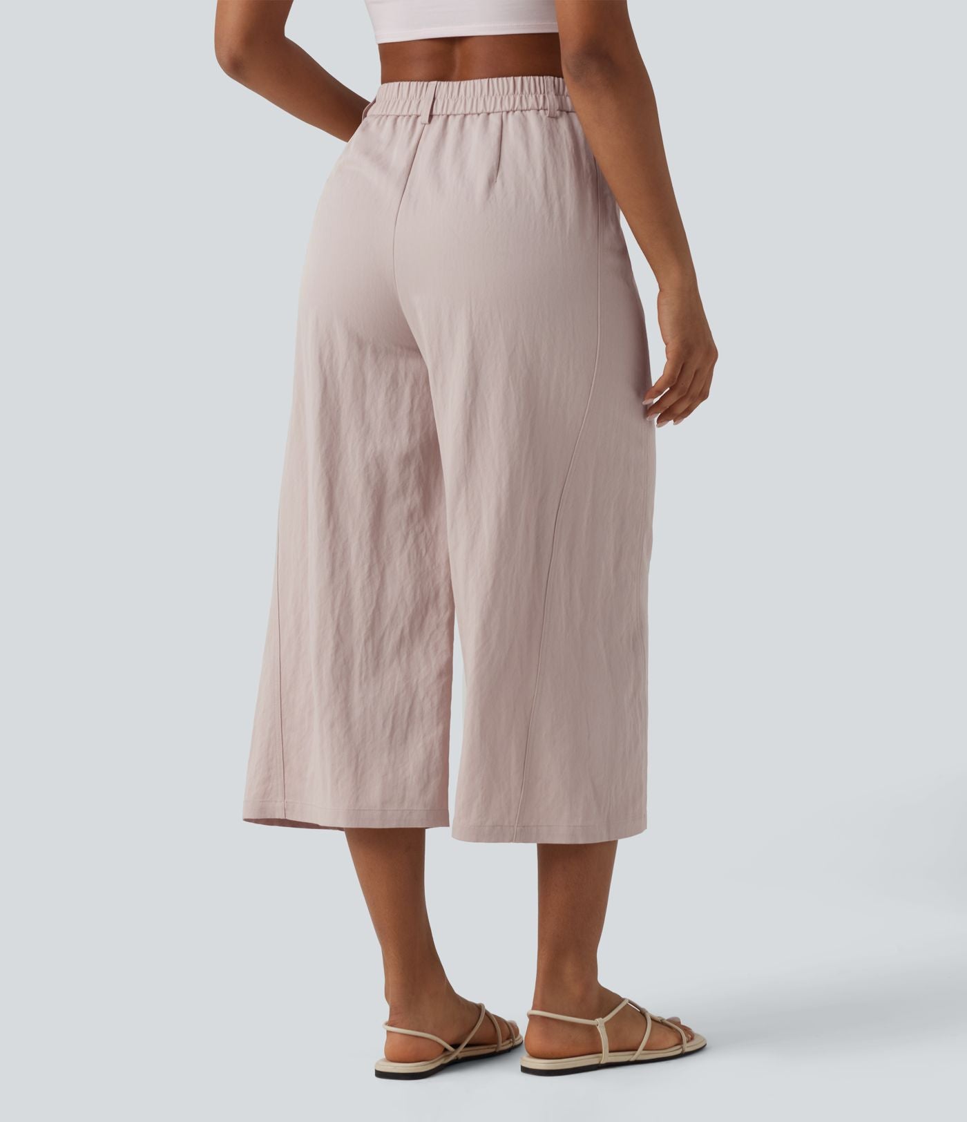 Pantalon large décontracté court taille haute avec poches