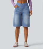 Short en jean ample Halara Flex™ taille haute croisé gainant décontracté avec poches