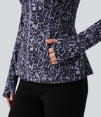 Veste décontractée Halara UltraSculpt™ imprimé léopard col montant manches longues avec trous pour pouces et poches