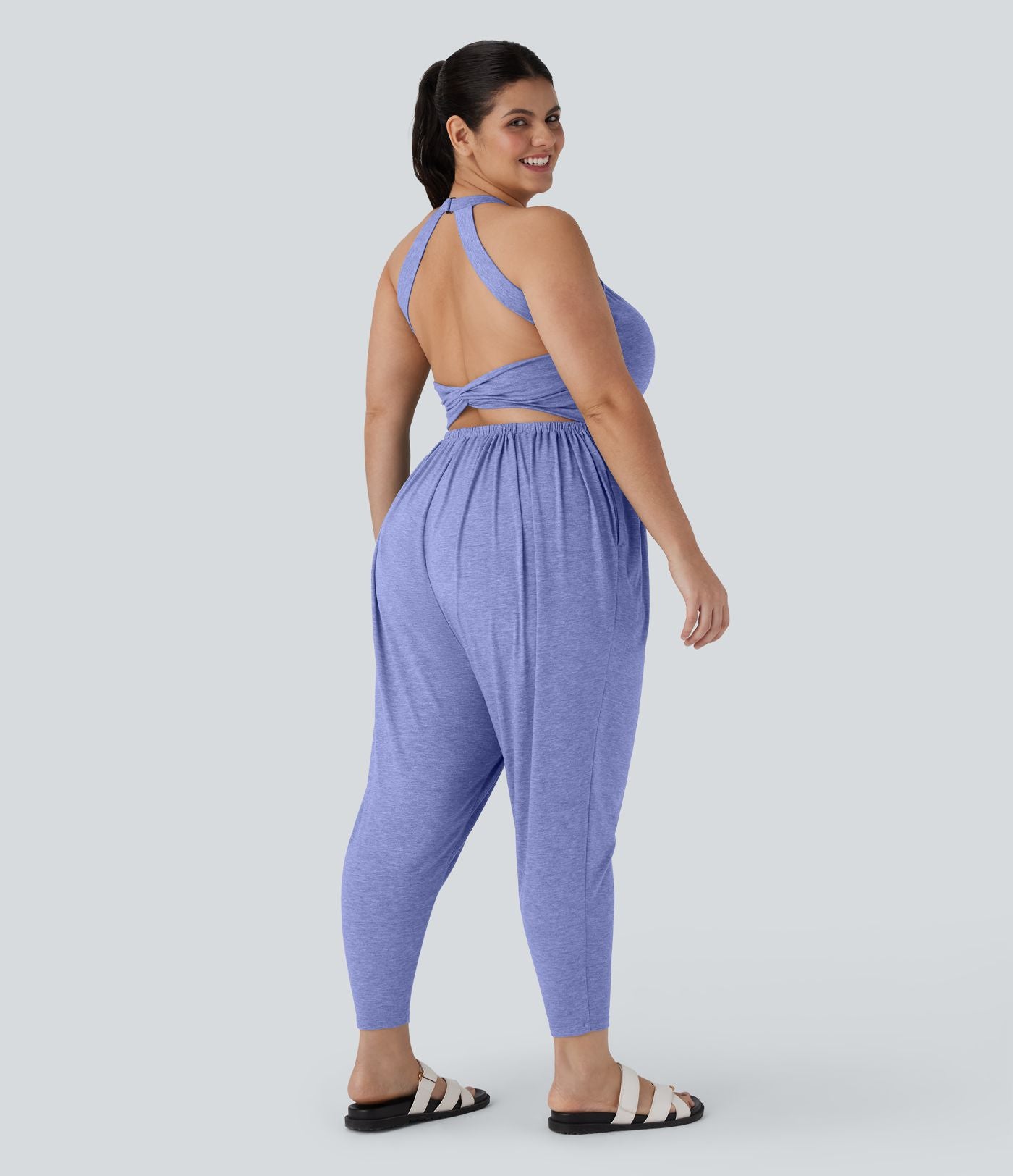 Combinaison sarouel dos nu torsadée grande taille avec poche latérale - Édition facile à enfiler