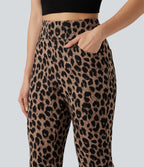 Pantalon flare taille haute en tissu gaufré imprimé léopard avec poches