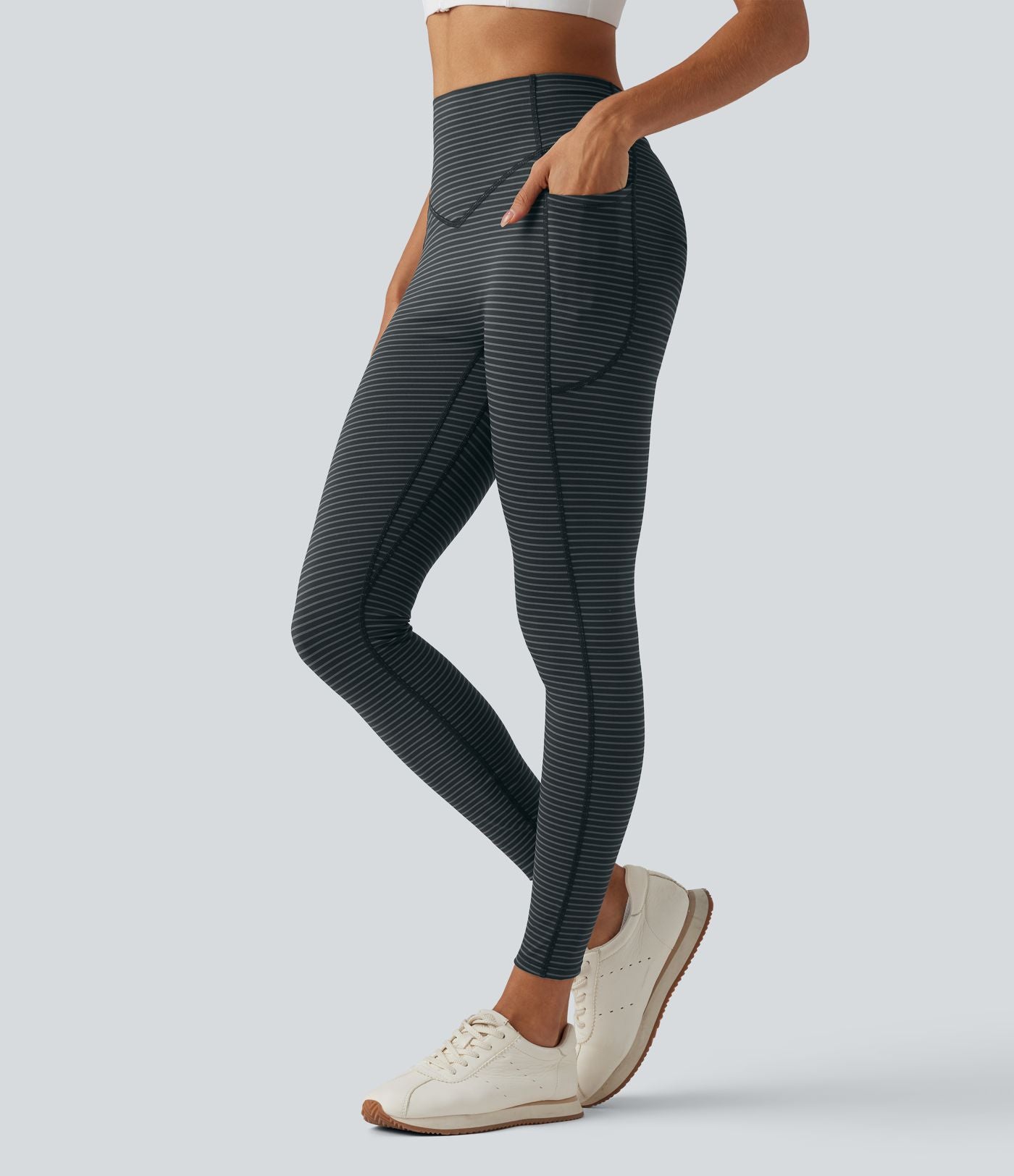 Legging de yoga 7/8 taille haute gainant à rayures et fronces avec poches