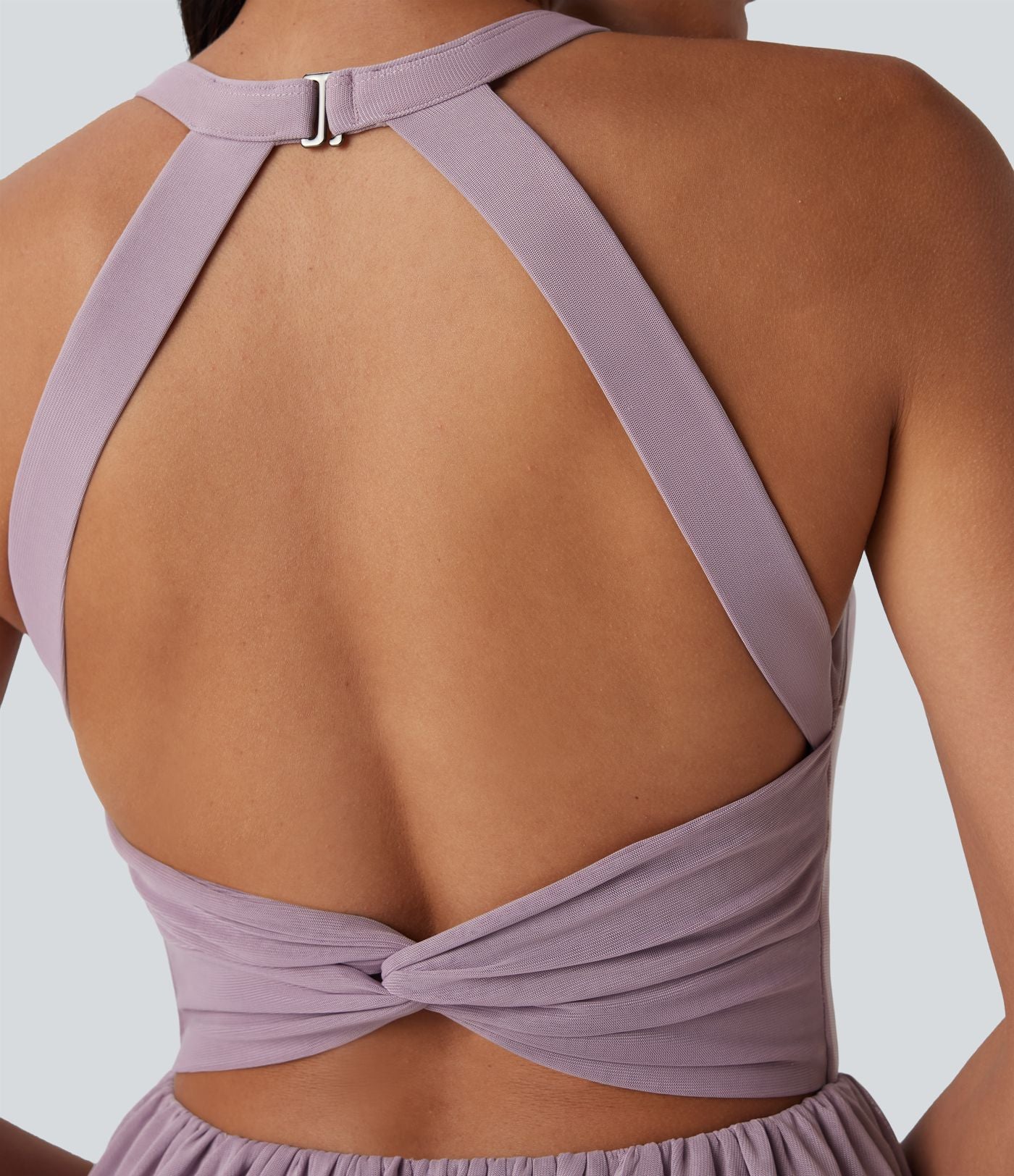 Robe de danse courte 2-en-1 dos nu torsadée résille avec poche latérale