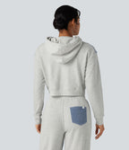 Veste en jean patchwork à capuche avec cordon de serrage et manches longues Halara Flex™