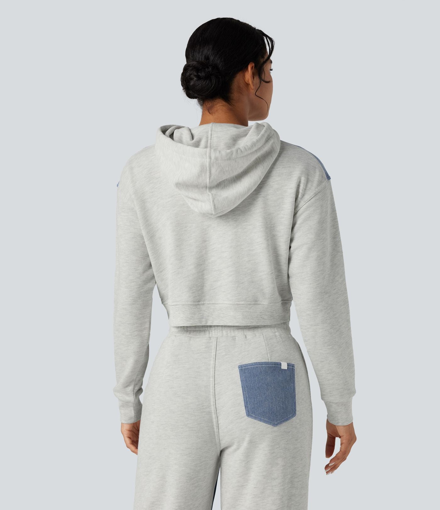 Veste en jean patchwork à capuche avec cordon de serrage et manches longues Halara Flex™