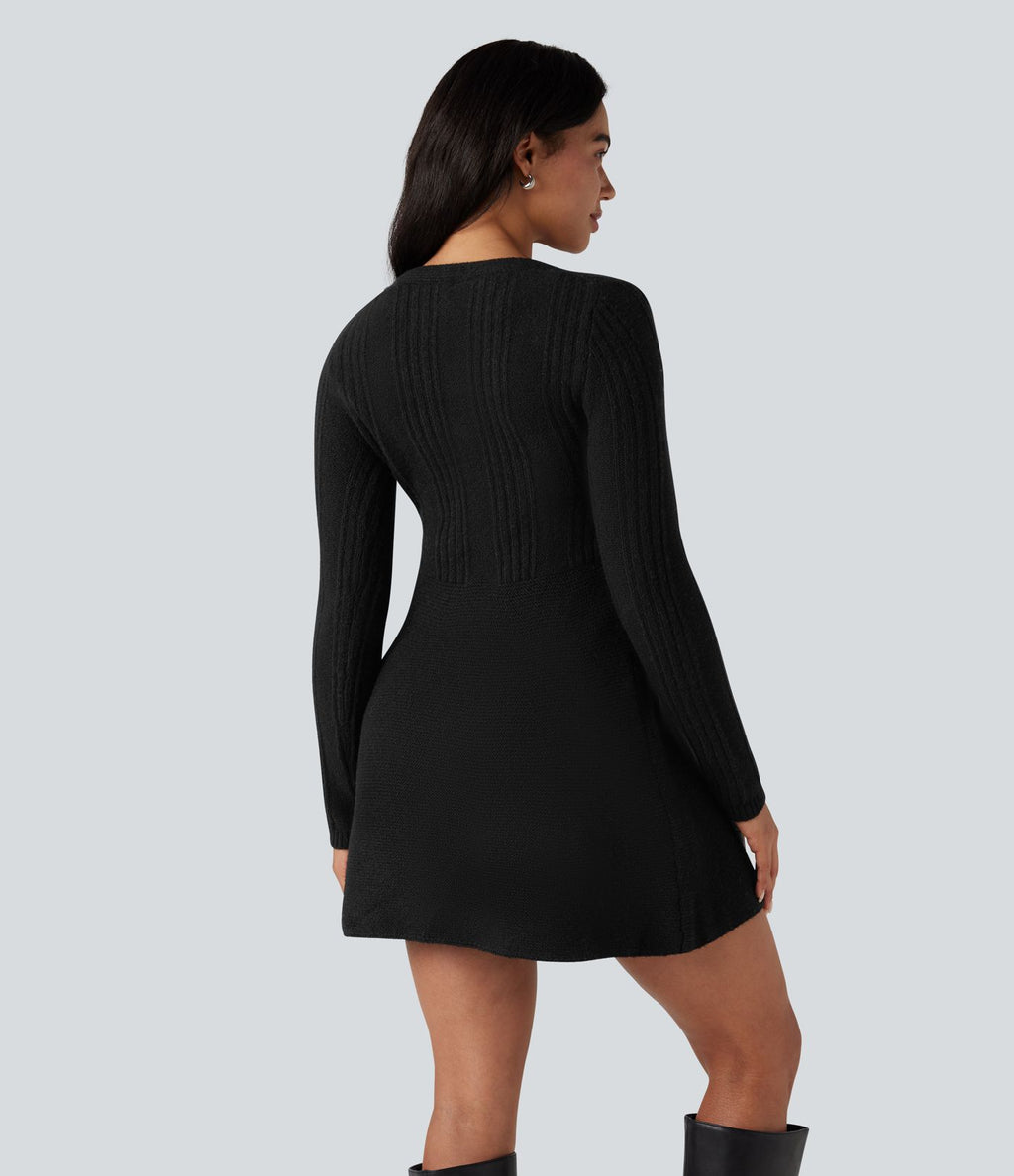 Robe pull courte col V manches longues