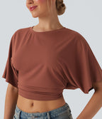 Haut casual crop col rond manches courtes fentes liens dos