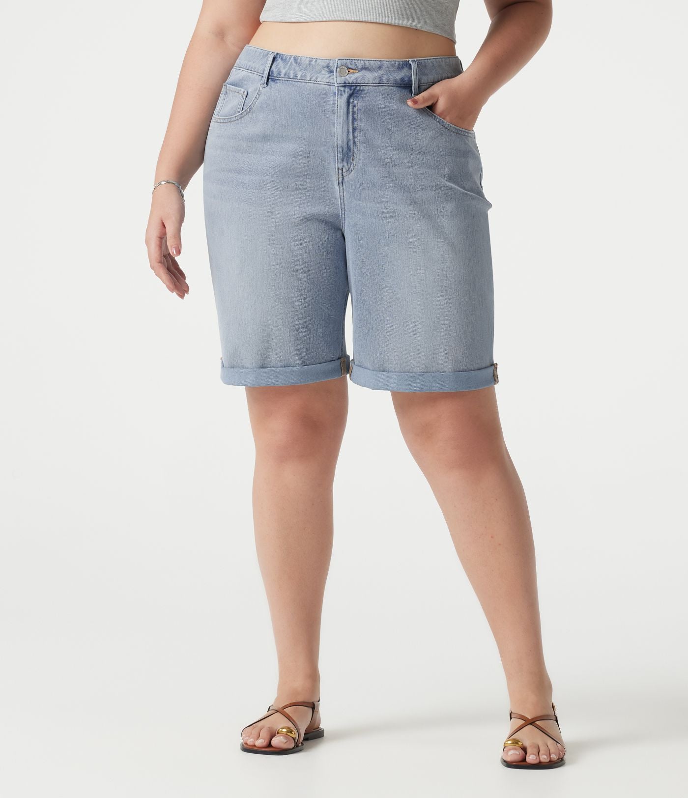 Short bermuda casual denim grande taille Halara Flex™ tricot extensible délavé taille haute multiples poches ourlet roulotté