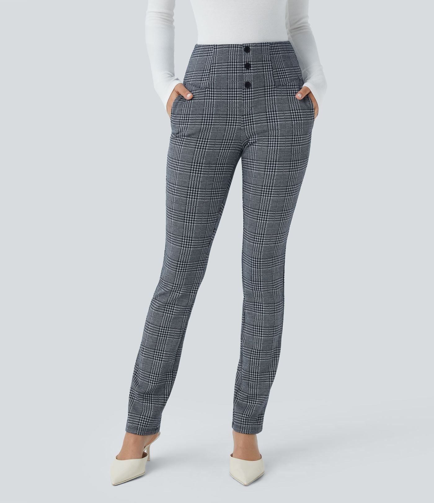 Halara Flex™ Pantalon tailleur Cintrés à Taille Haute avec Boutons Décoratifs Poches Latérales et Imprimé Pied-de-Poule