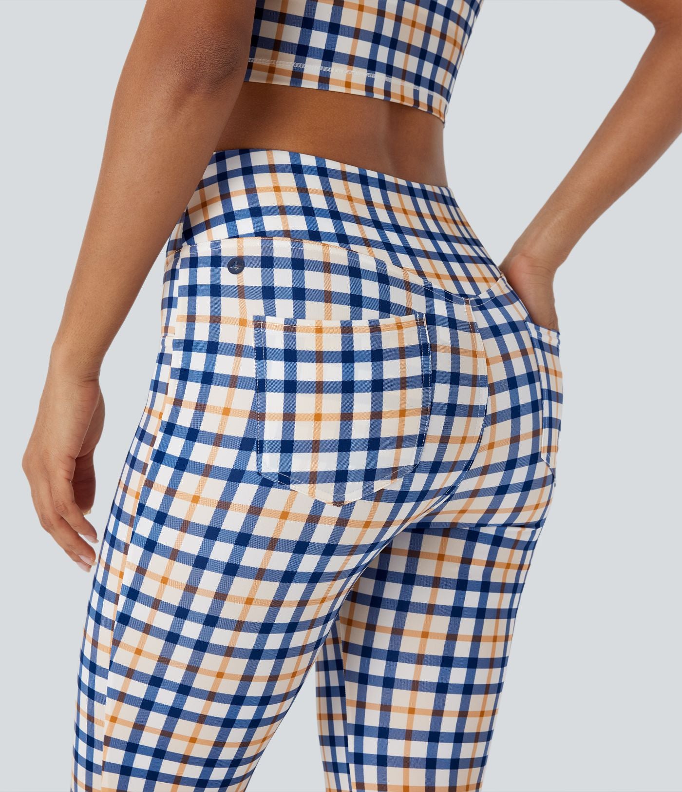 Pantalon décontracté bootcut à carreaux cool touch, taille haute, avec poches