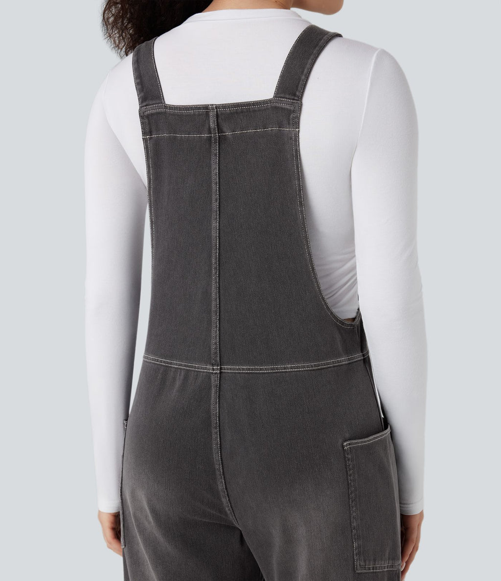 Salopette décontractée Halara Flex™ en denim extensible délavé, col V et poches latérales