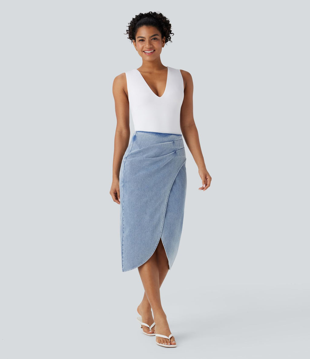 Halara Flex™ Jupe en Jean midi délavé taille haute avec zip dos, effet drapé et ourlet tulipe