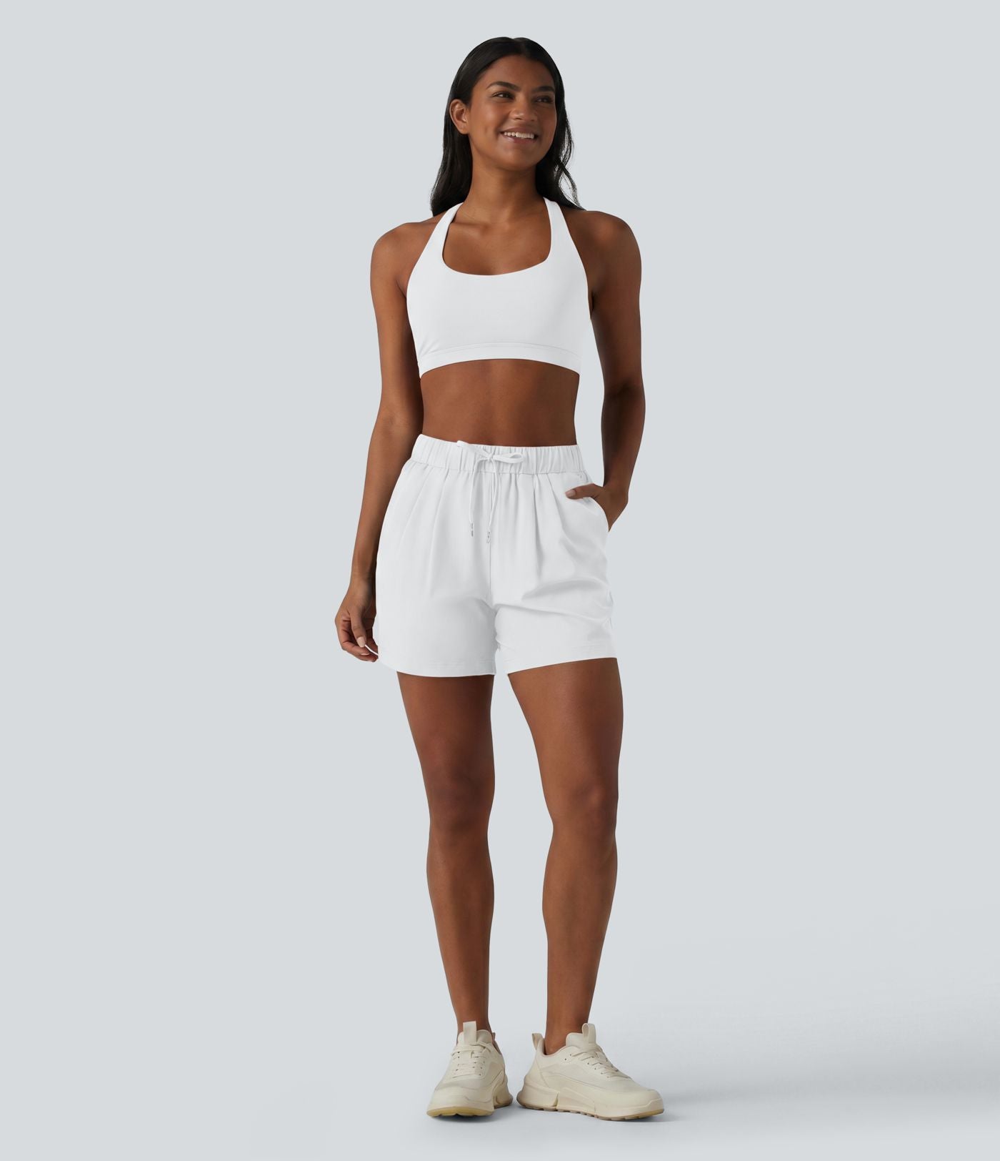 Short de yoga plissé taille haute élastique 12,5 cm avec cordon de serrage et poches