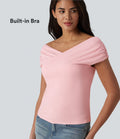 T-shirt casual en maille côtelée à manches courtes avec soutien-gorge intégré