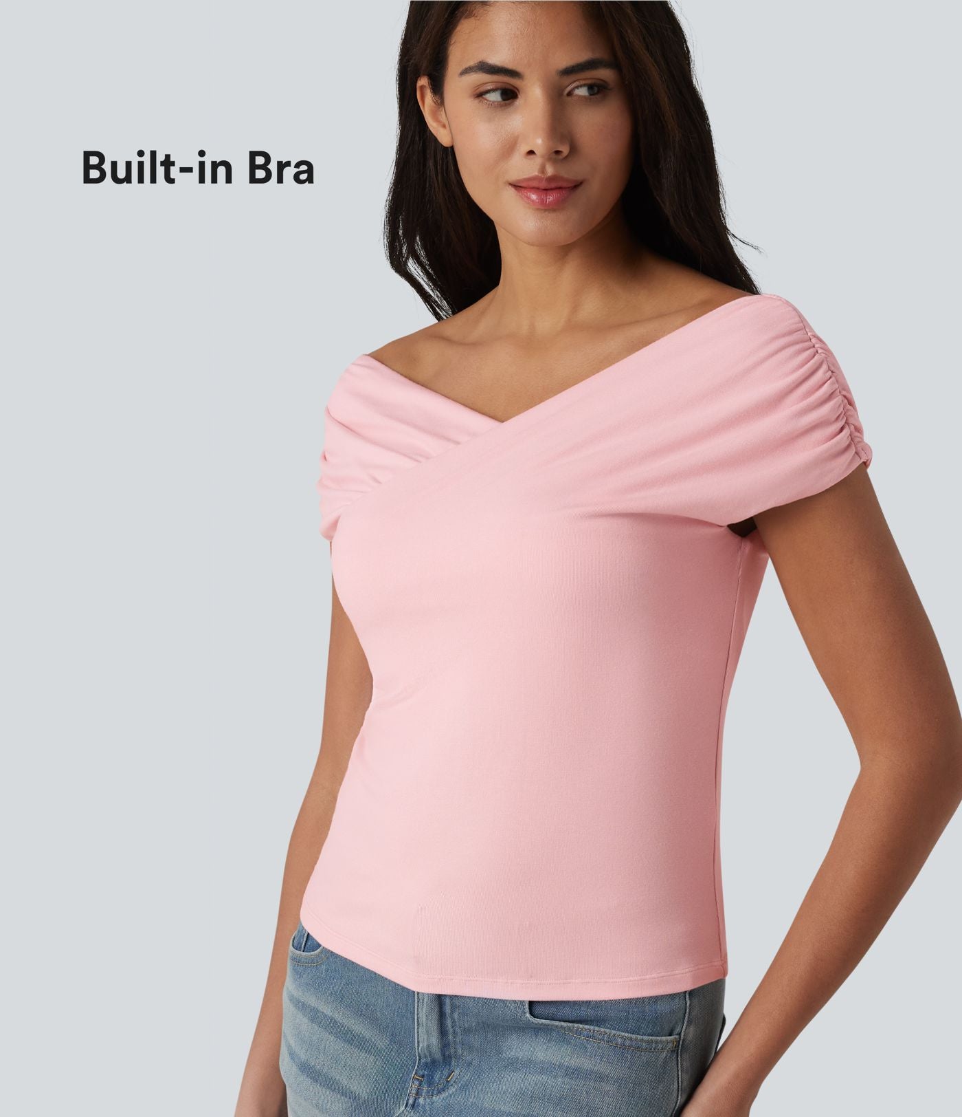 T-shirt casual en maille côtelée à manches courtes avec soutien-gorge intégré