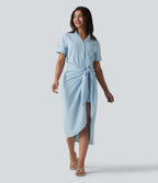 Robe-chemise casual midi en mousseline infroissable manches courtes portefeuille avec nœud frontal et poche