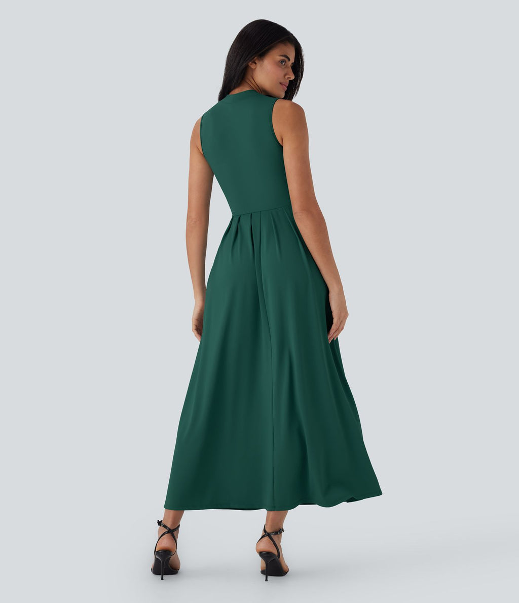 Robe longue décontractée sans manches à col montant, coupe évasée et poches latérales