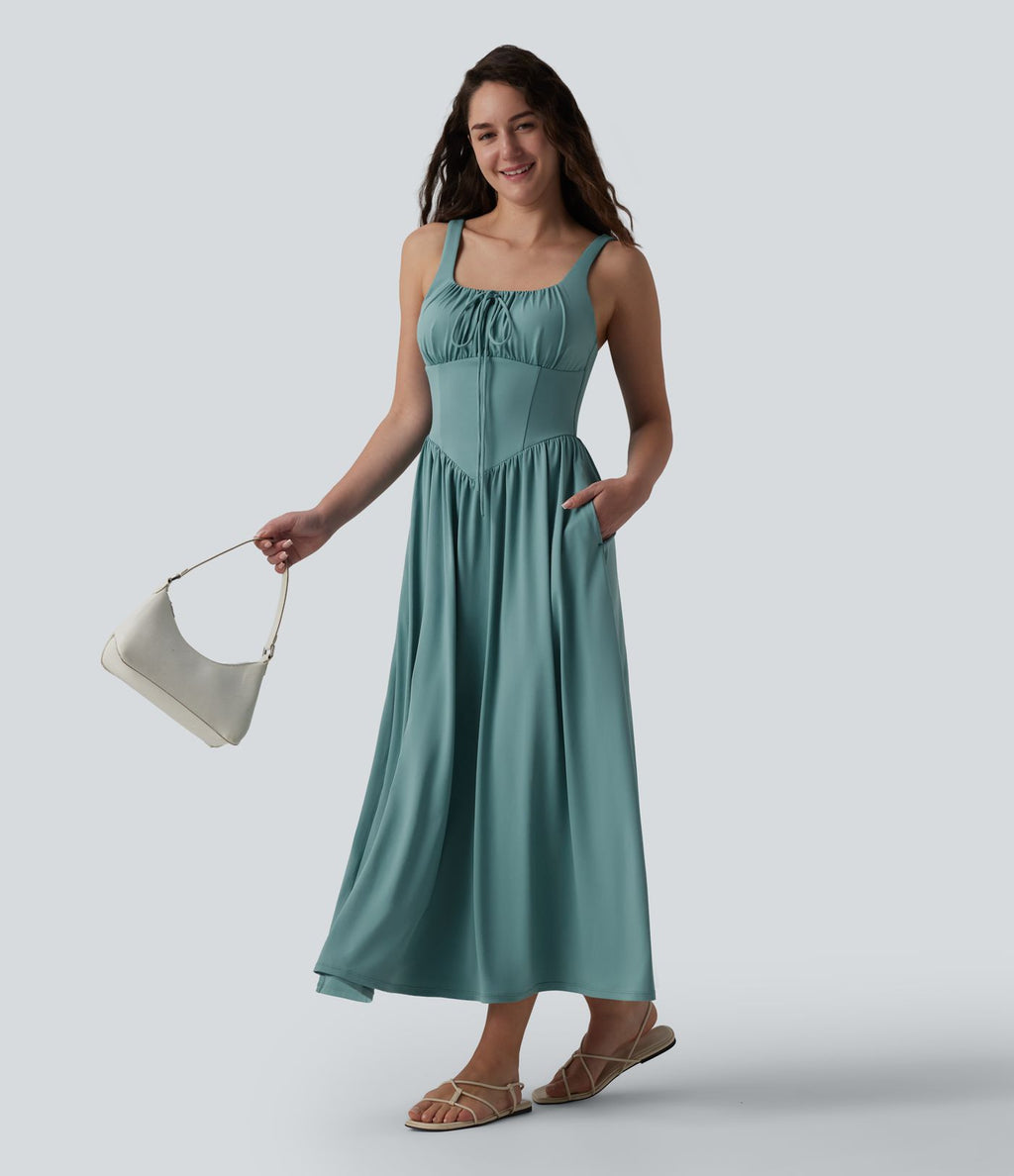 Robe midi fluide casual col carré à corset et nœud devant avec poches