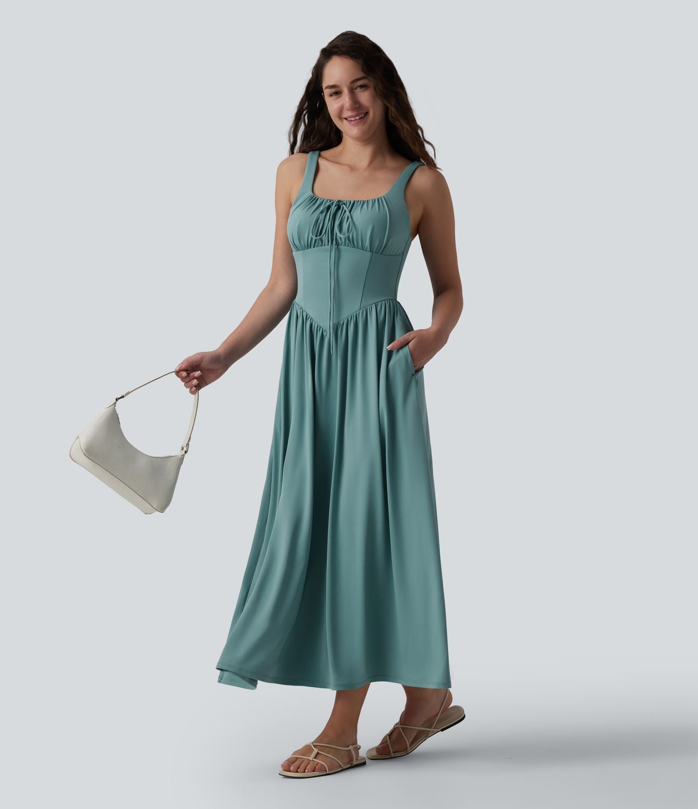 Robe midi fluide casual col carré à corset et nœud devant avec poches