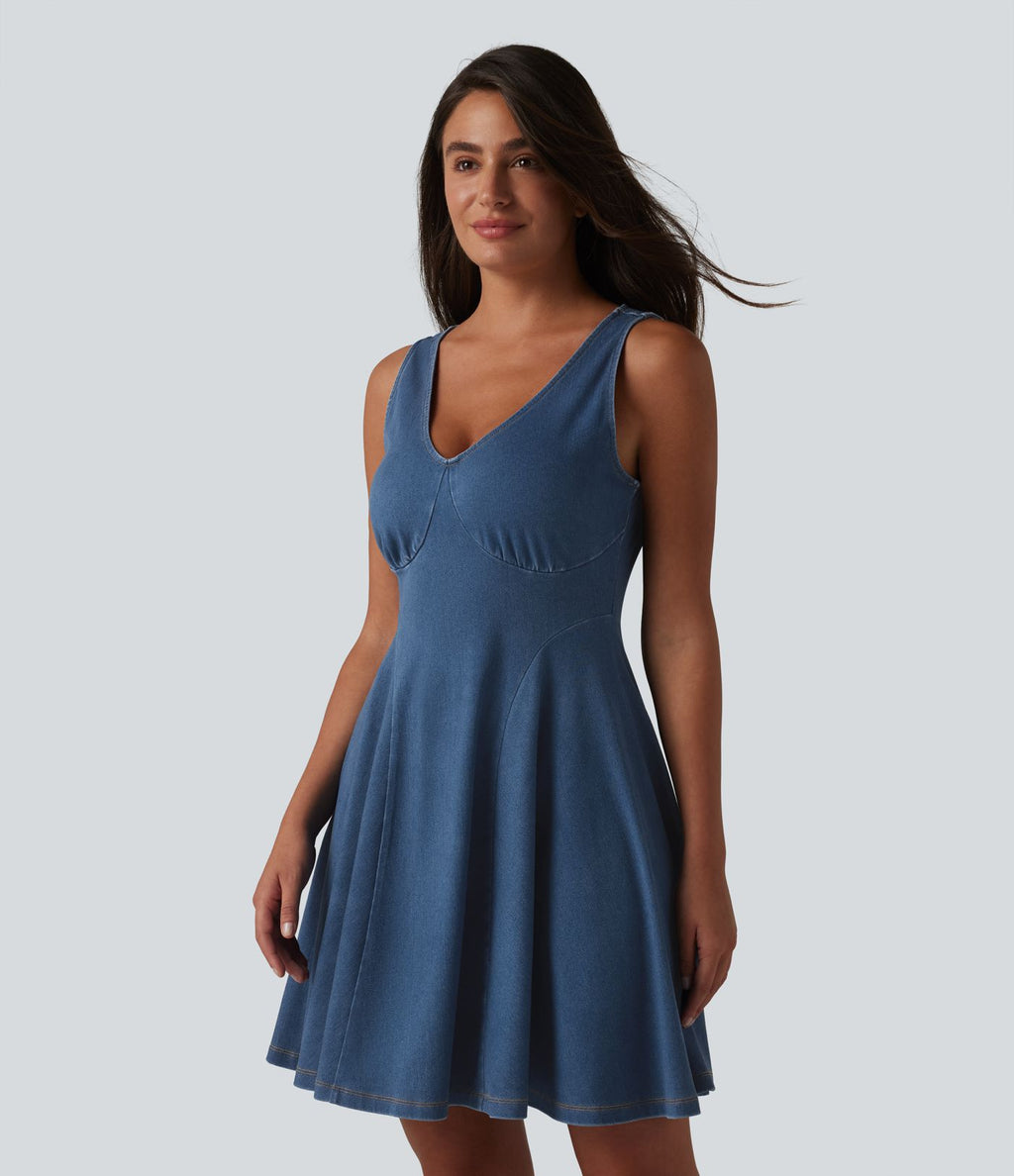 Robe évasée décontractée Halara Flex™ en denim à col V sans manches et drapée en lyocell lavé