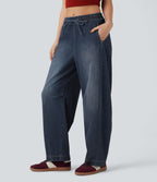 Jean jogging barrel Halara Flex™ molleton français délavé jambe ballon taille mi-haute avec cordon de serrage et poches