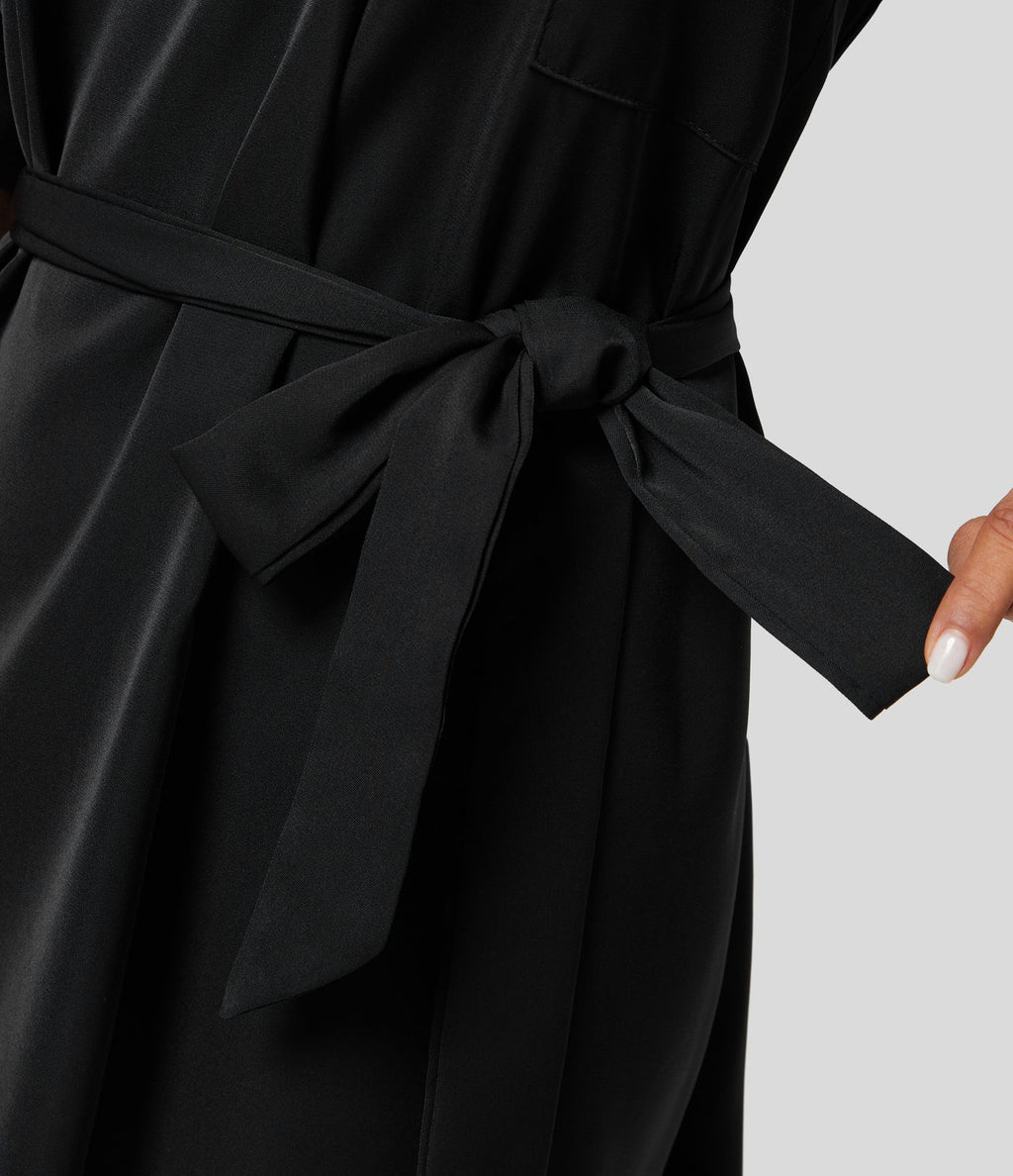 Robe-chemise décontractée à col, manches retroussables et ceinture