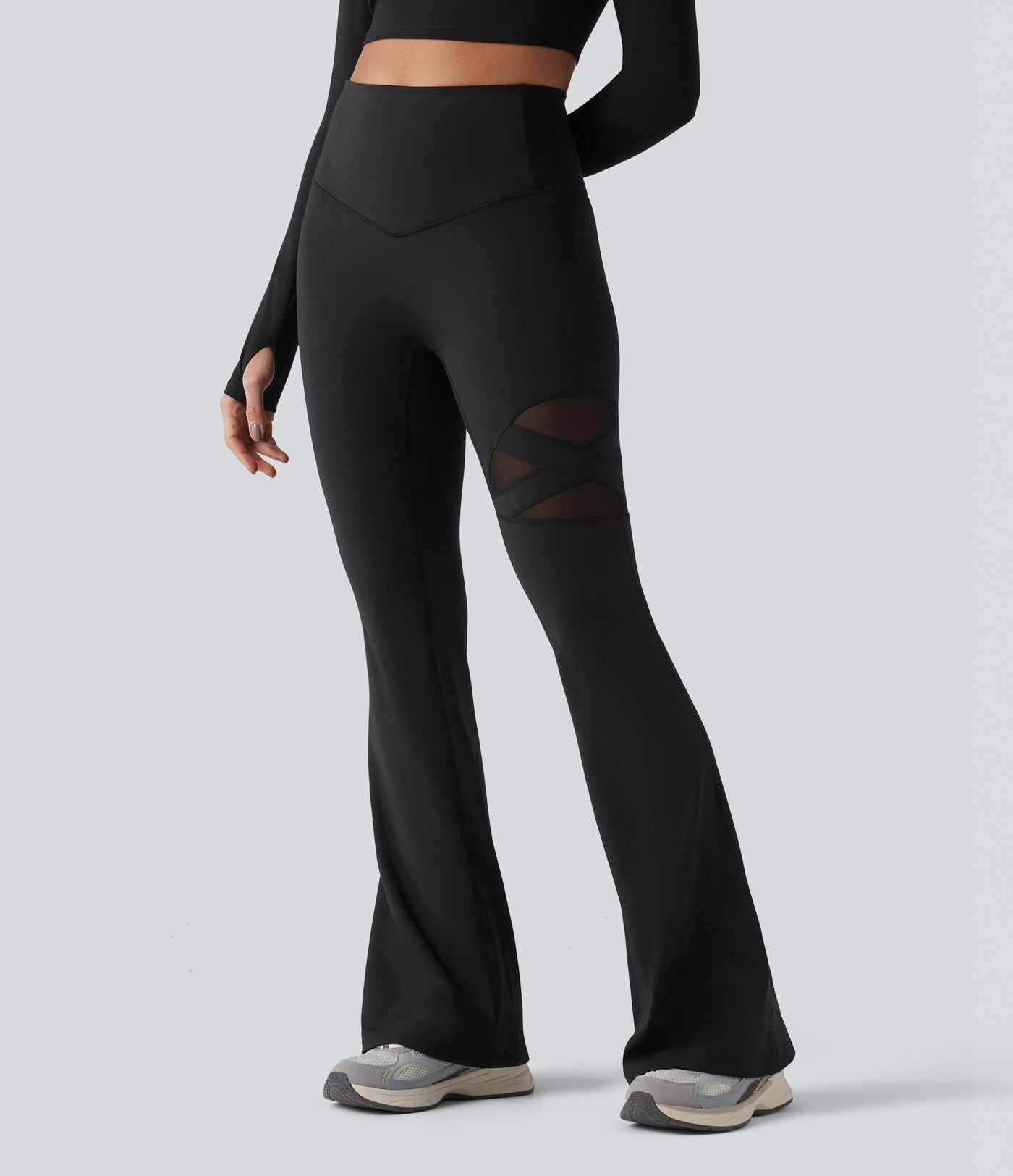 Legging évasé casual en maille respirante ventre plat taille haute avec poche