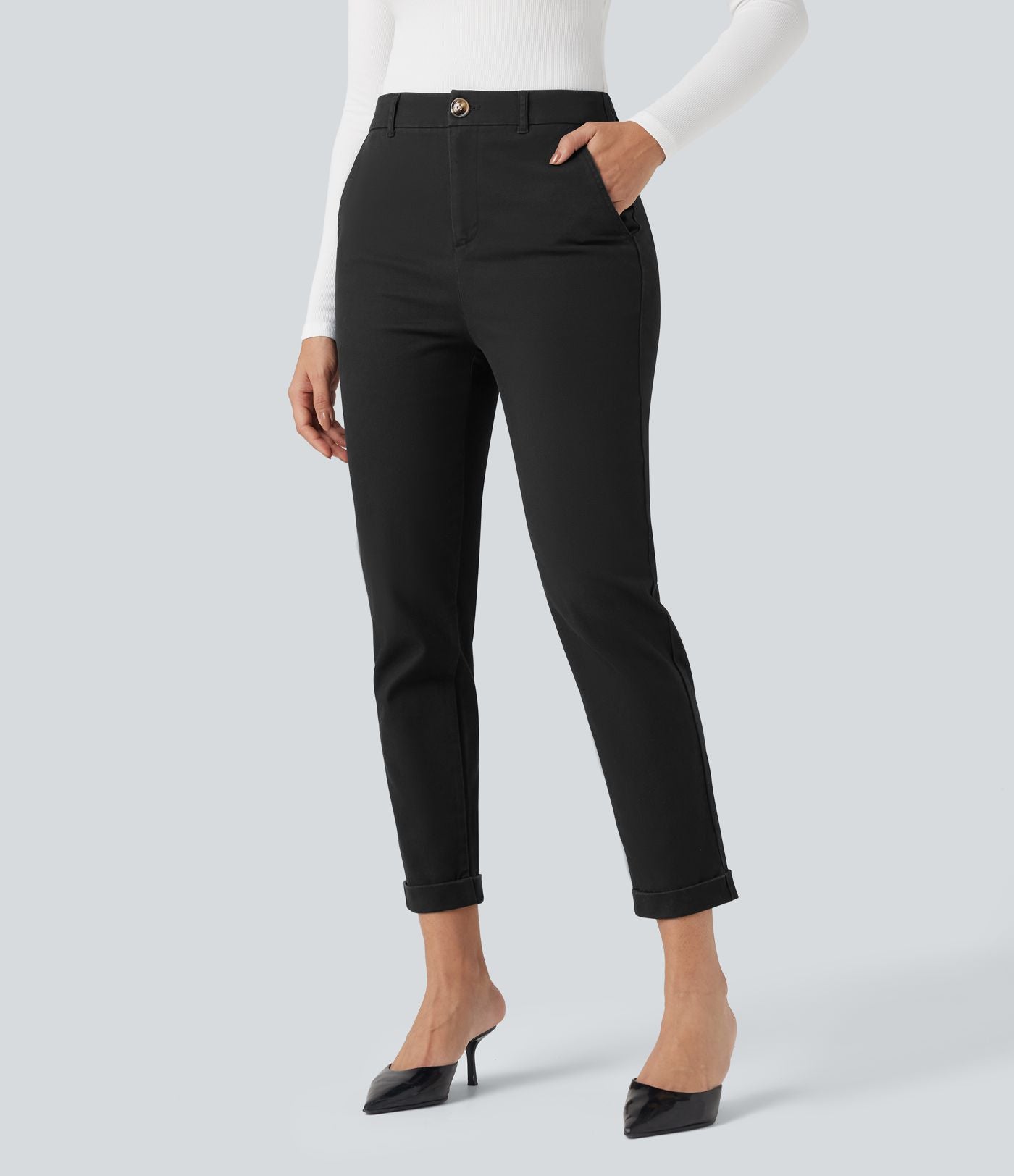 Pantalon coton 7/8 coupe ajustée taille mi-haute avec poches