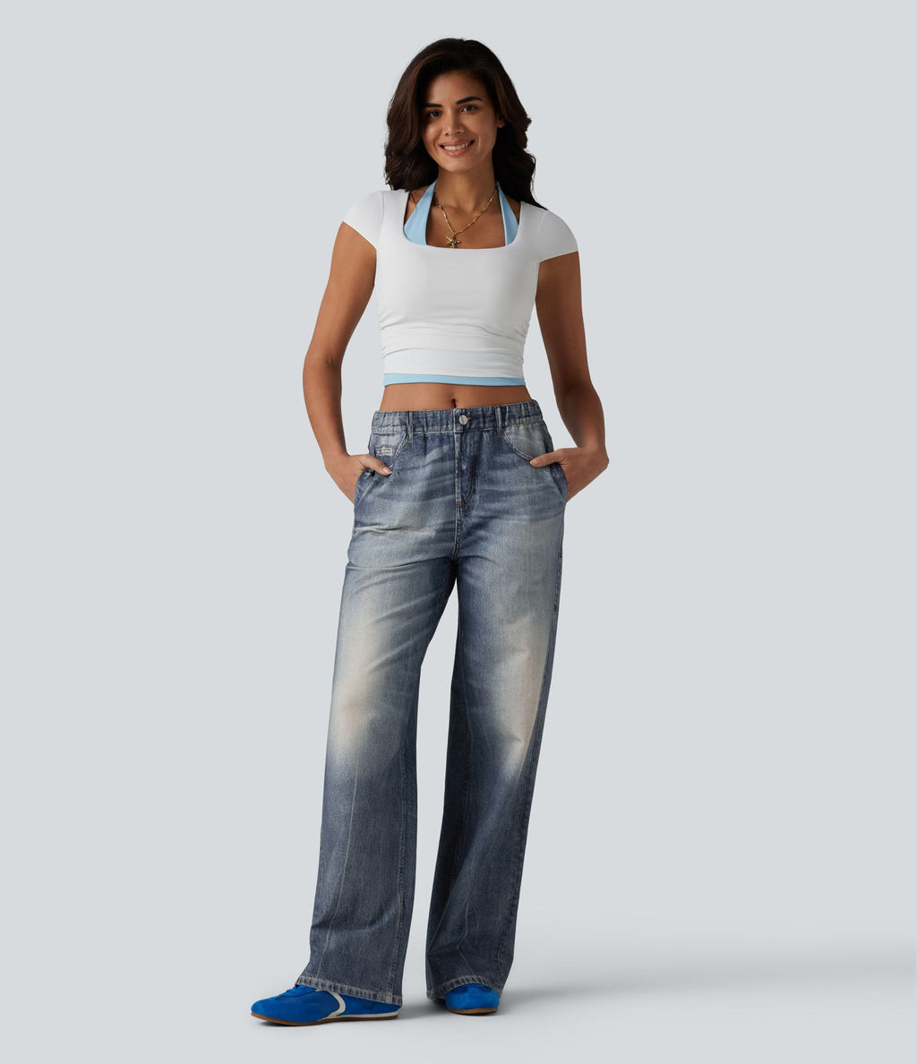 Jogging jean décontracté en molleton French Terry imprimé denim taille mi-haute avec poches