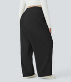 Pantalon décontracté grande taille en velours côtelé coupe droite taille haute avec poches latérales