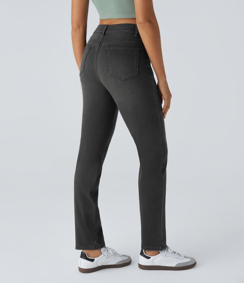 Jean droit Halara Flex™ à taille haute, poches multiples, effet délavé et tissu extensible