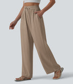 Pantalon casual large fluide mélange lin taille haute avec cordon de serrage et poches