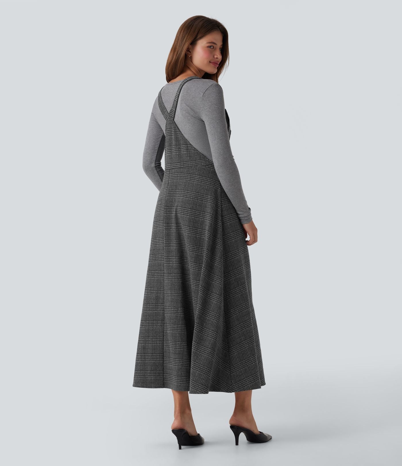 Robe chasuble travail midi pied-de-poule carreaux avec poches