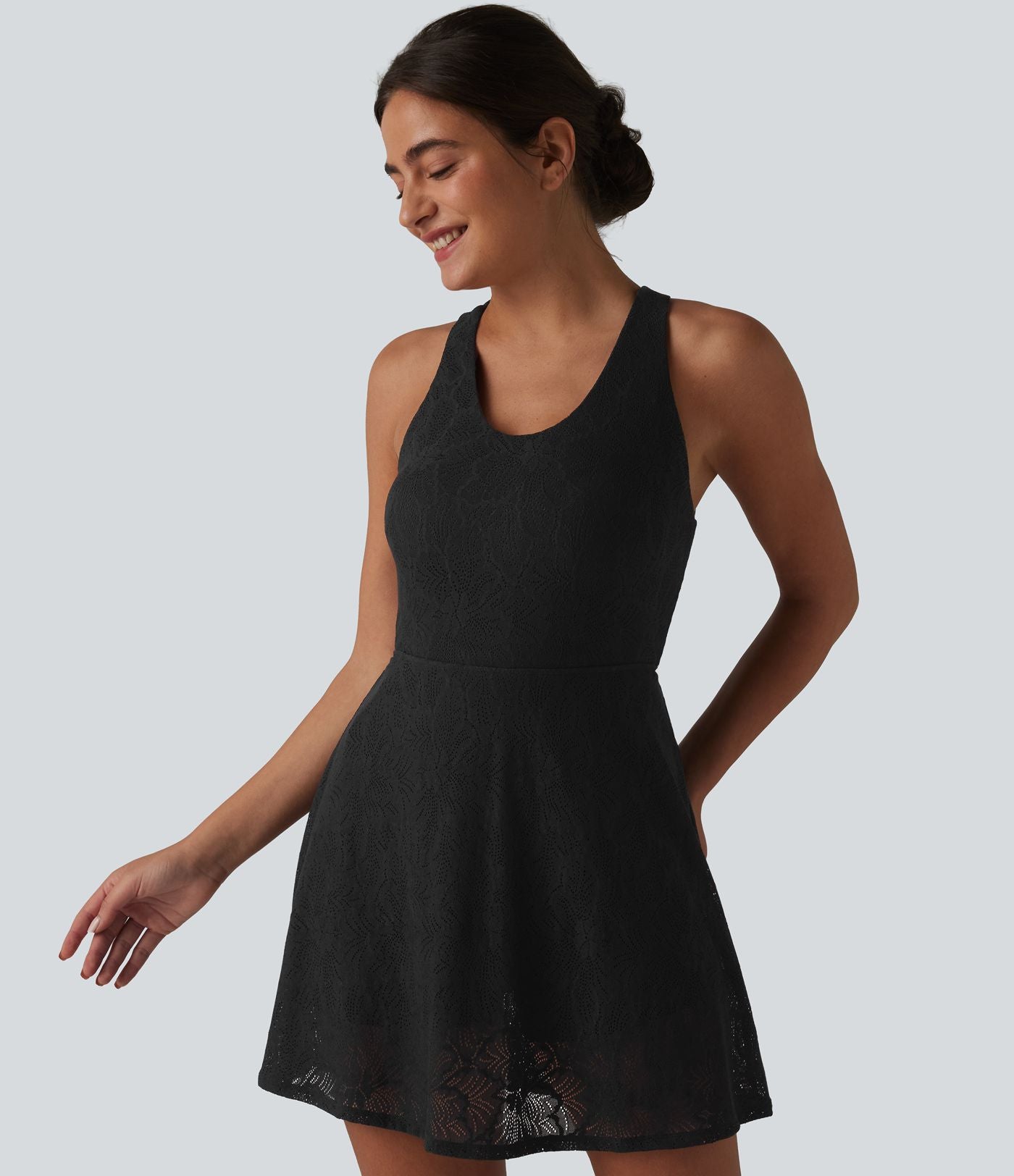 Robe de yoga évasée 2-en-1 SoftlyZero™ QuickDry avec soutien-gorge intégré, dentelle contrastée et poches - Édition Easy Peasy