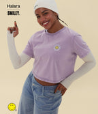 T-shirt casual en coton délavé Halara X Smiley® col rond à manches courtes
