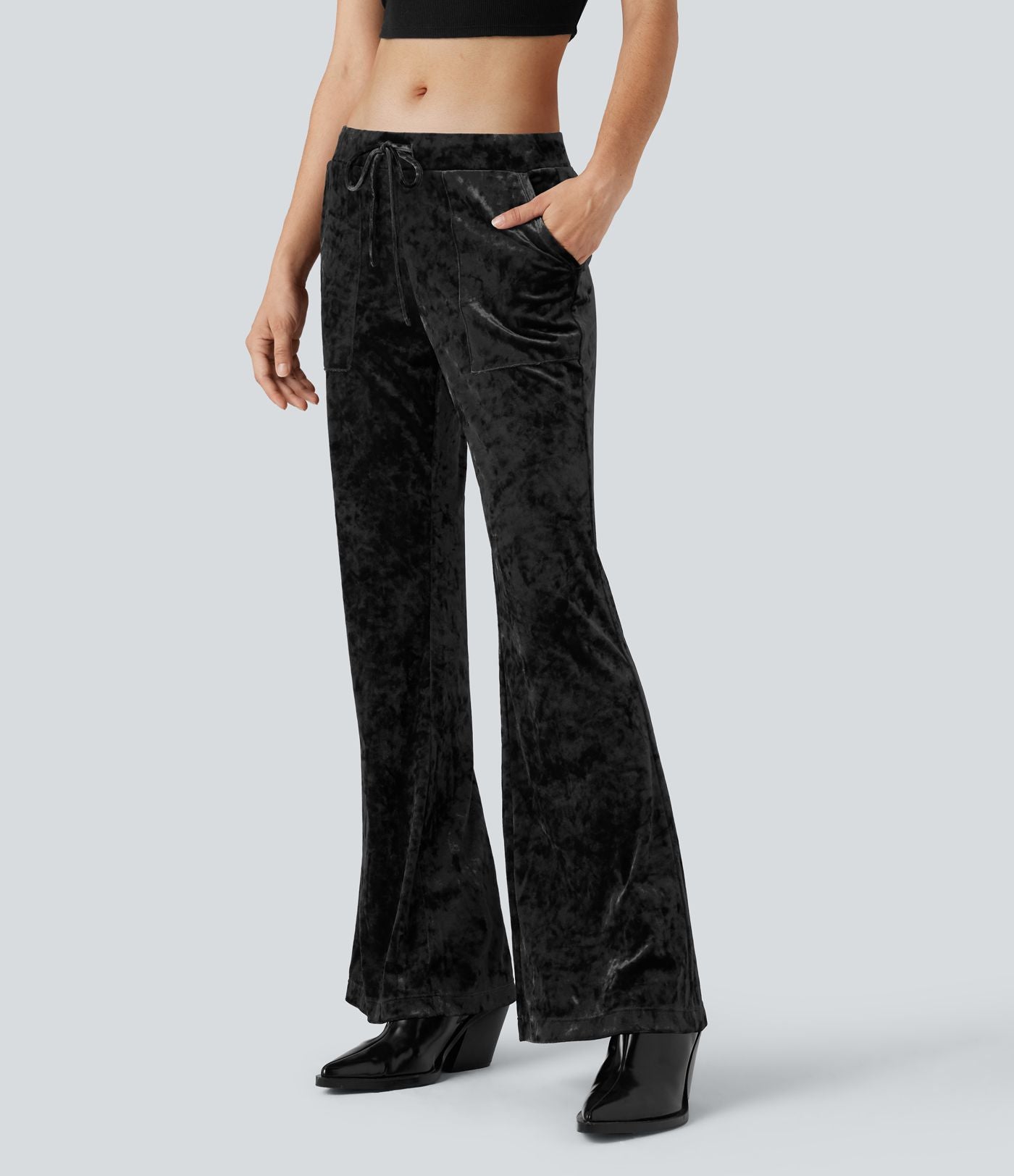 Pantalon évasé velours taille basse avec cordon de serrage et poches