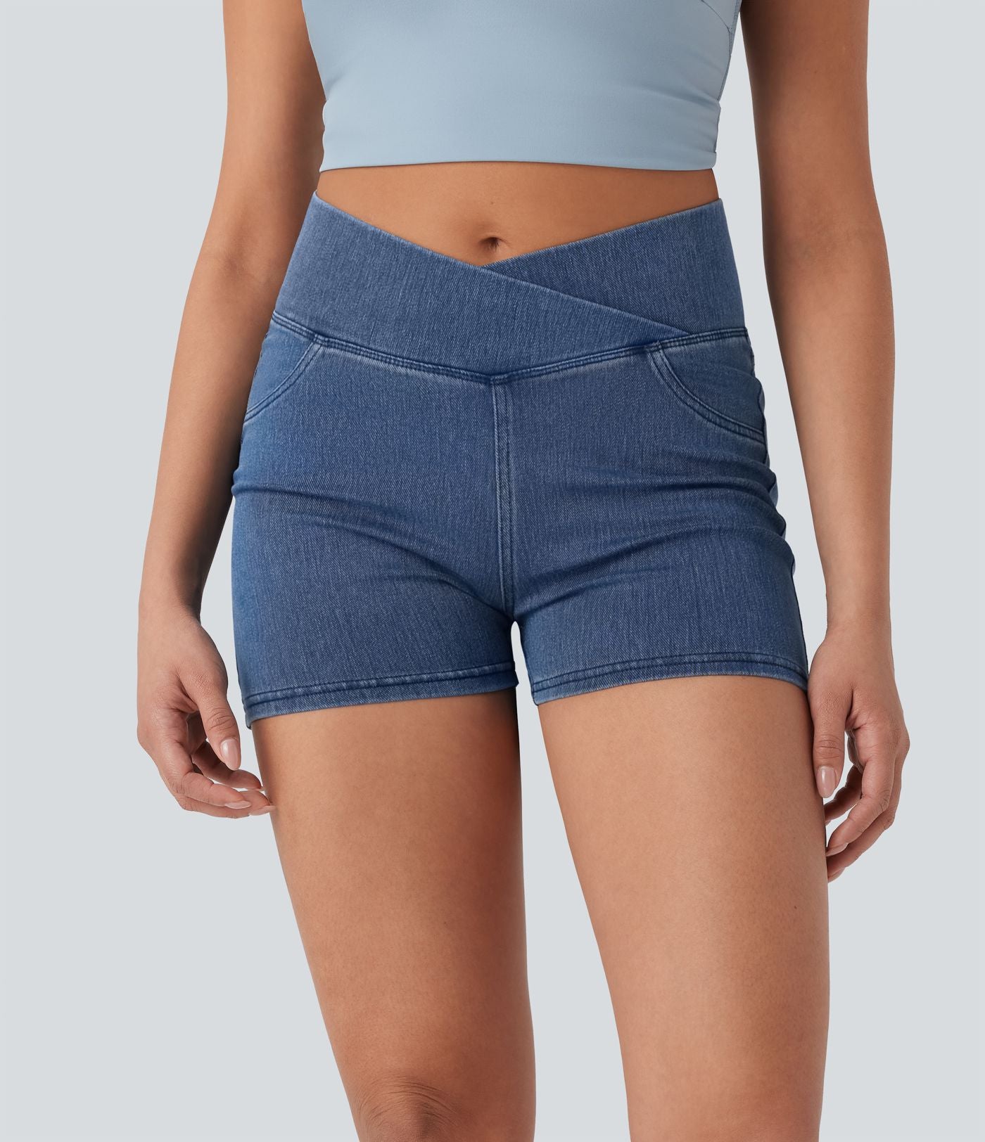 Halara Flex™  Shorts 7,5cm Denim Casual Taille Haute Poches Latérales Croisées en Maille Extensible